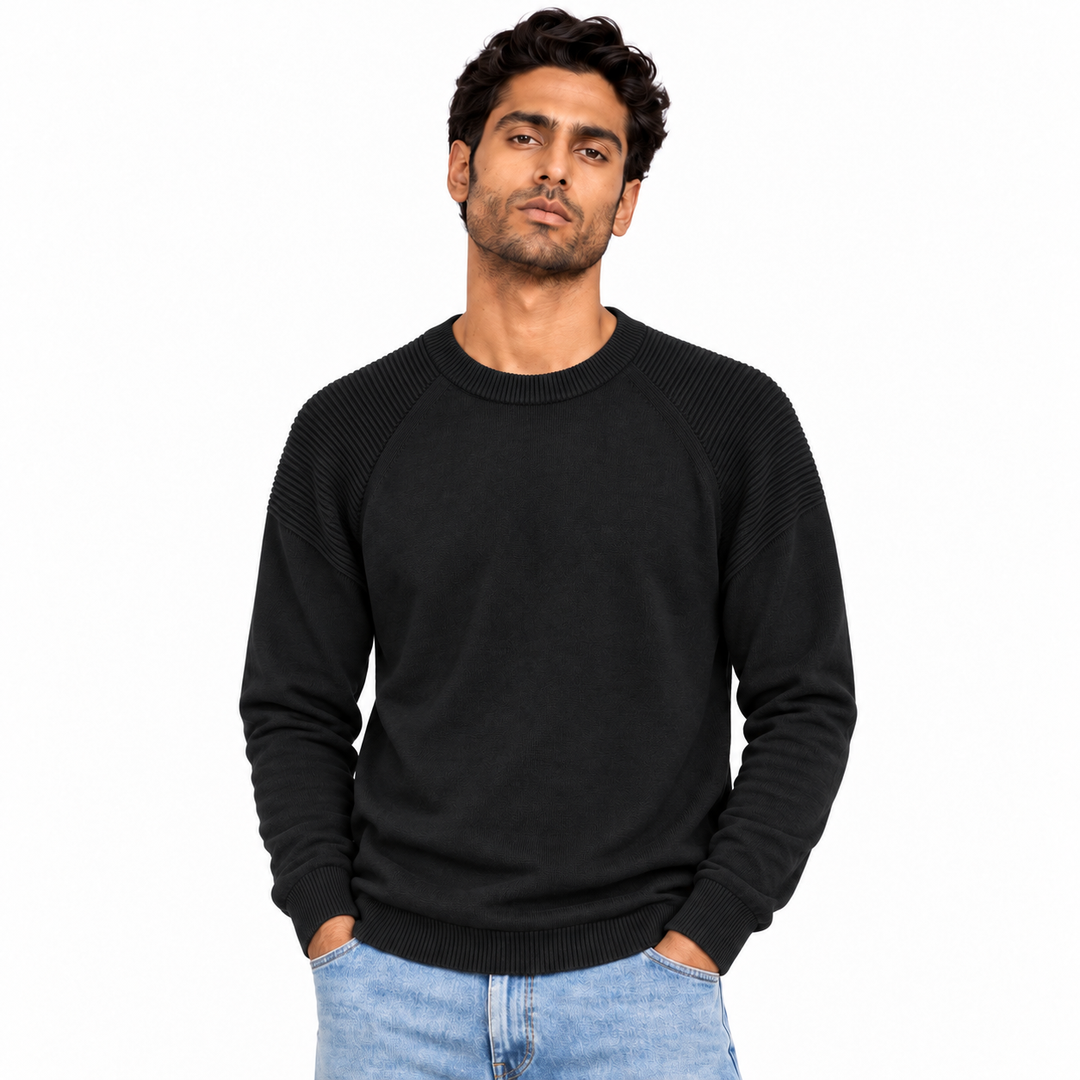 Man wearing Raglan Crew Neck Knit Pullover in Black - model photo