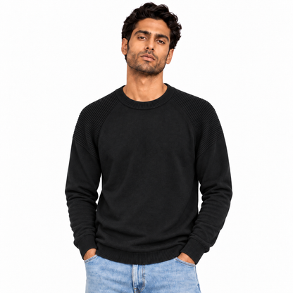 Man wearing Raglan Crew Neck Knit Pullover in Black - model photo