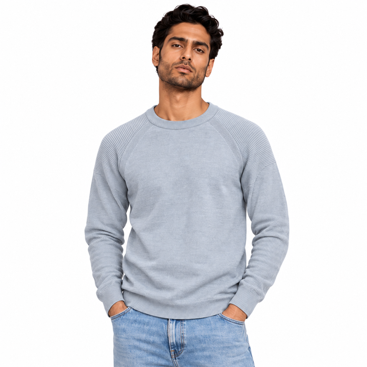 Man wearing Raglan Crew Neck Knit Pullover in Light Gray - model photo