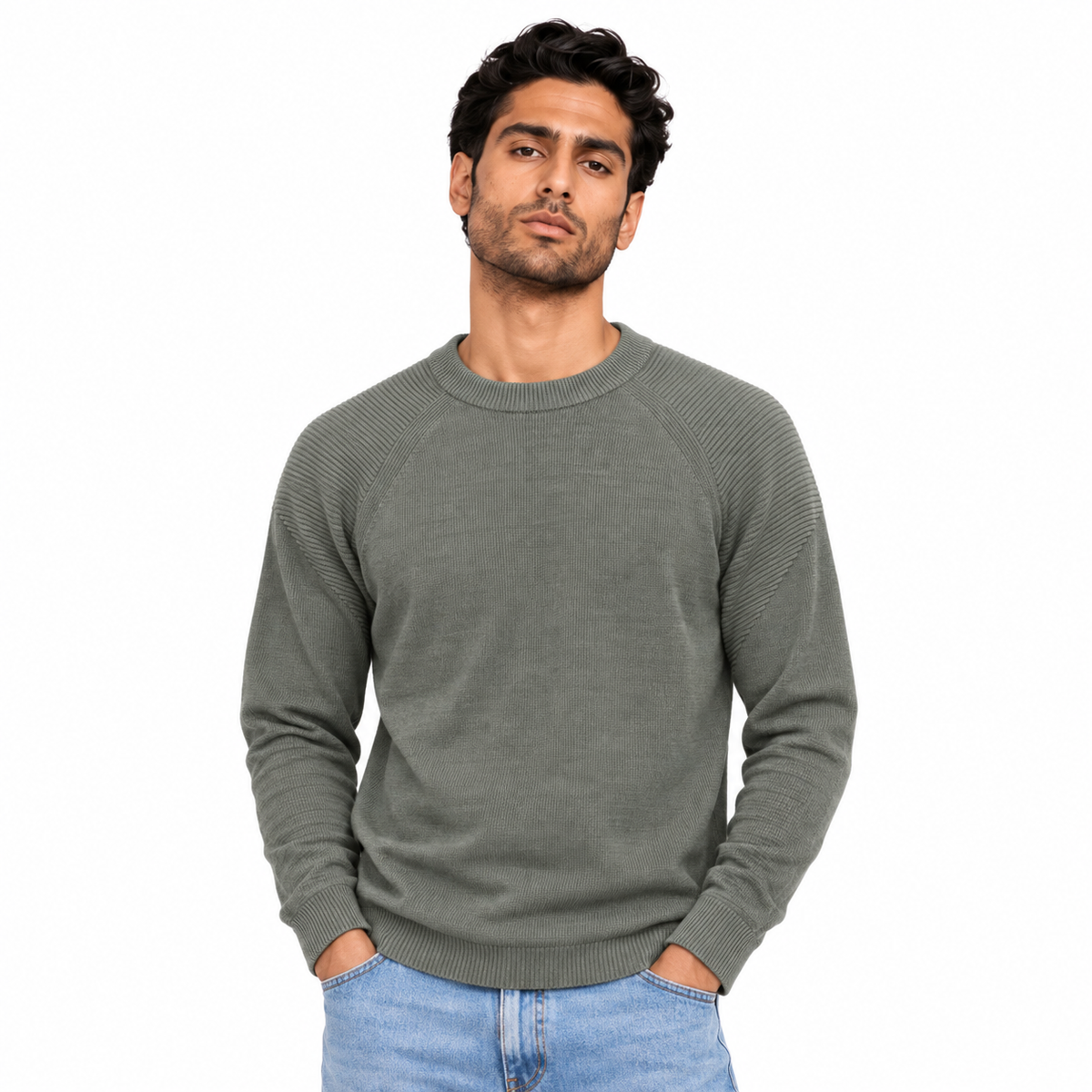 Man wearing Raglan Crew Neck Knit Pullover in Olive - model photo