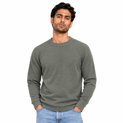 Man wearing Raglan Crew Neck Knit Pullover in Olive - model photo