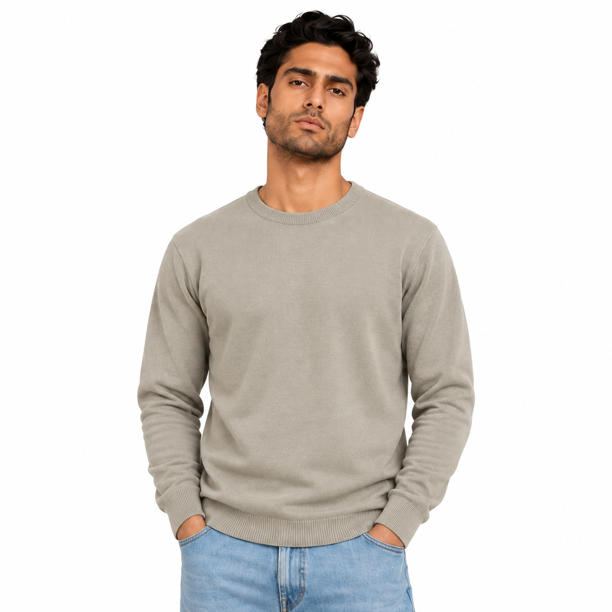 Man wearing Crew Neck Knit Pullover in Beige - model photo