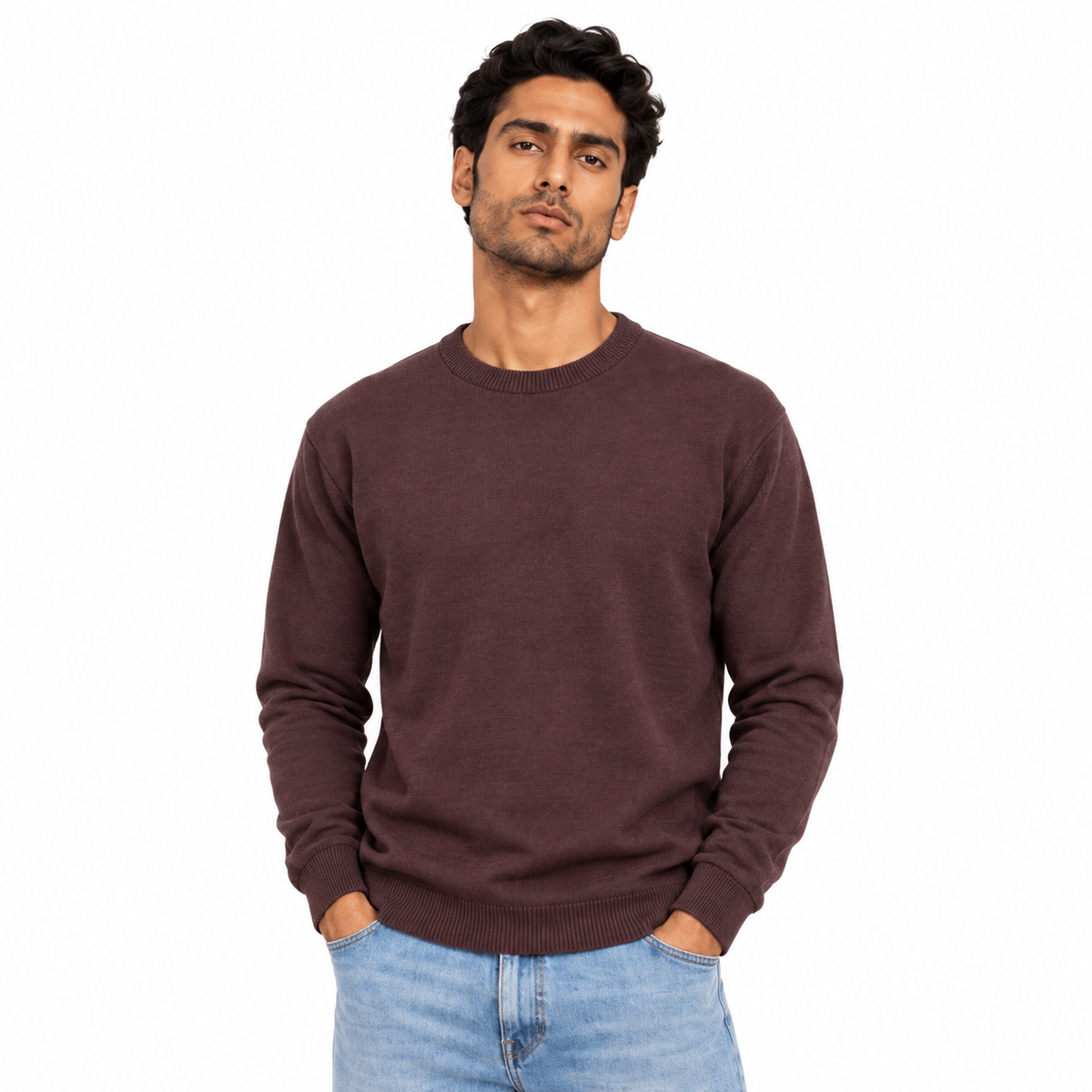 Man wearing Crew Neck Knit Pullover in Brown - model photo