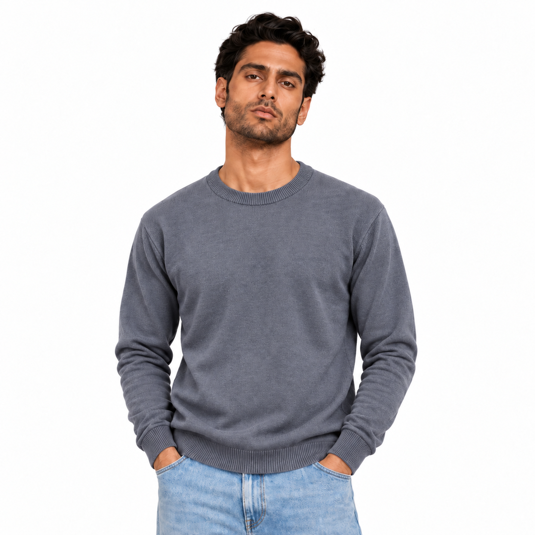 Man wearing Crew Neck Knit Pullover in Gray - model photo