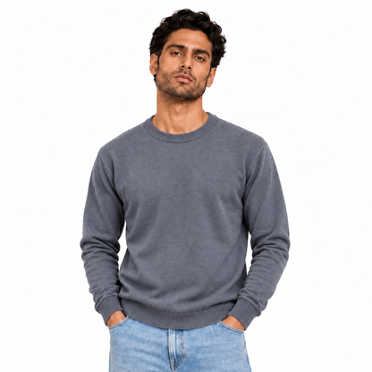 Man wearing Crew Neck Knit Pullover in Gray - model photo