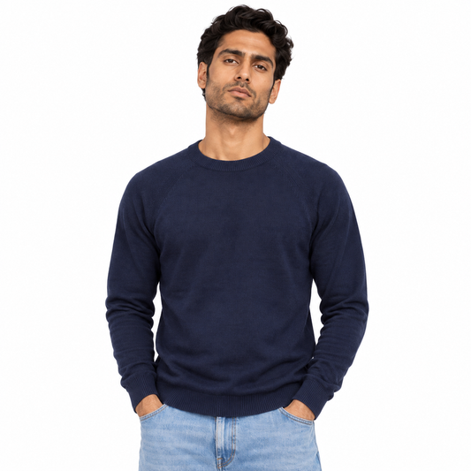 Men's Crew Neck Knit Pullover in Navy on a model