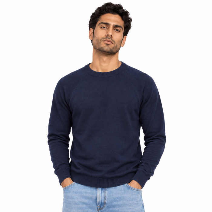 Man wearing Crew Neck Knit Pullover in Navy - model photo