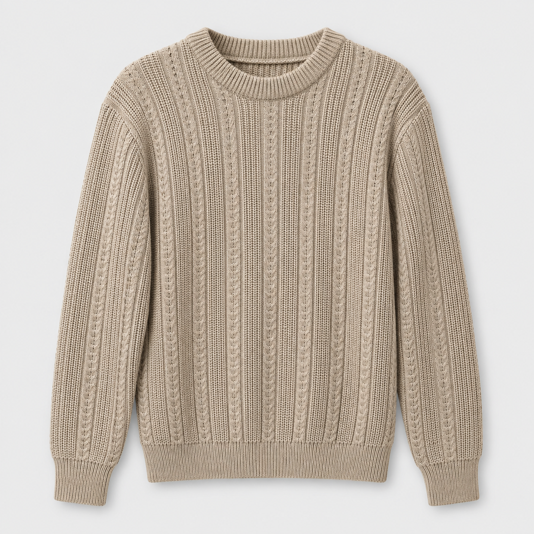 Men Textured Crew Neck Knit Pullover in Beige - flat product view