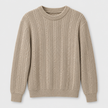 Men Textured Crew Neck Knit Pullover in Beige - flat product view
