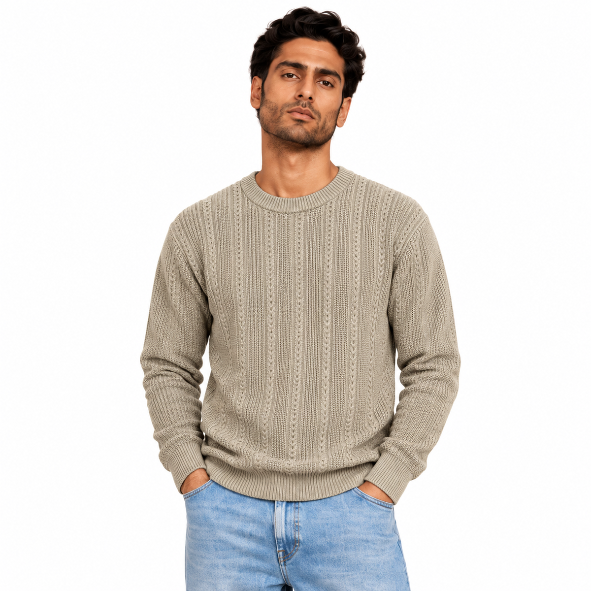 Man wearing Textured Crew Neck Knit Pullover in Beige - model photo