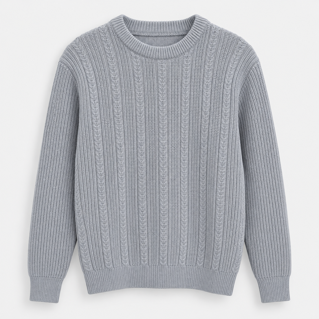 Men Textured Crew Neck Knit Pullover in Dark Gray - flat product view