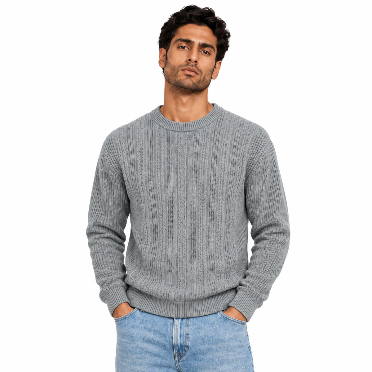 Man wearing Textured Crew Neck Knit Pullover in Dark Gray - model photo
