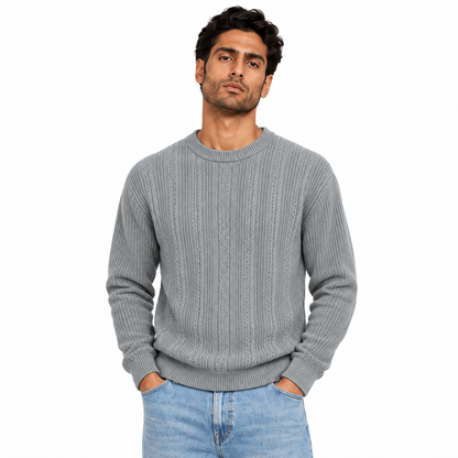 Man wearing Textured Crew Neck Knit Pullover in Dark Gray - model photo