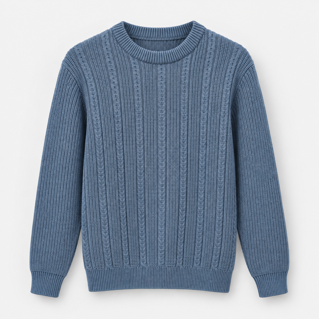 Men Textured Crew Neck Knit Pullover in Denim Blue - flat product view