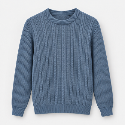 Men Textured Crew Neck Knit Pullover in Denim Blue - flat product view
