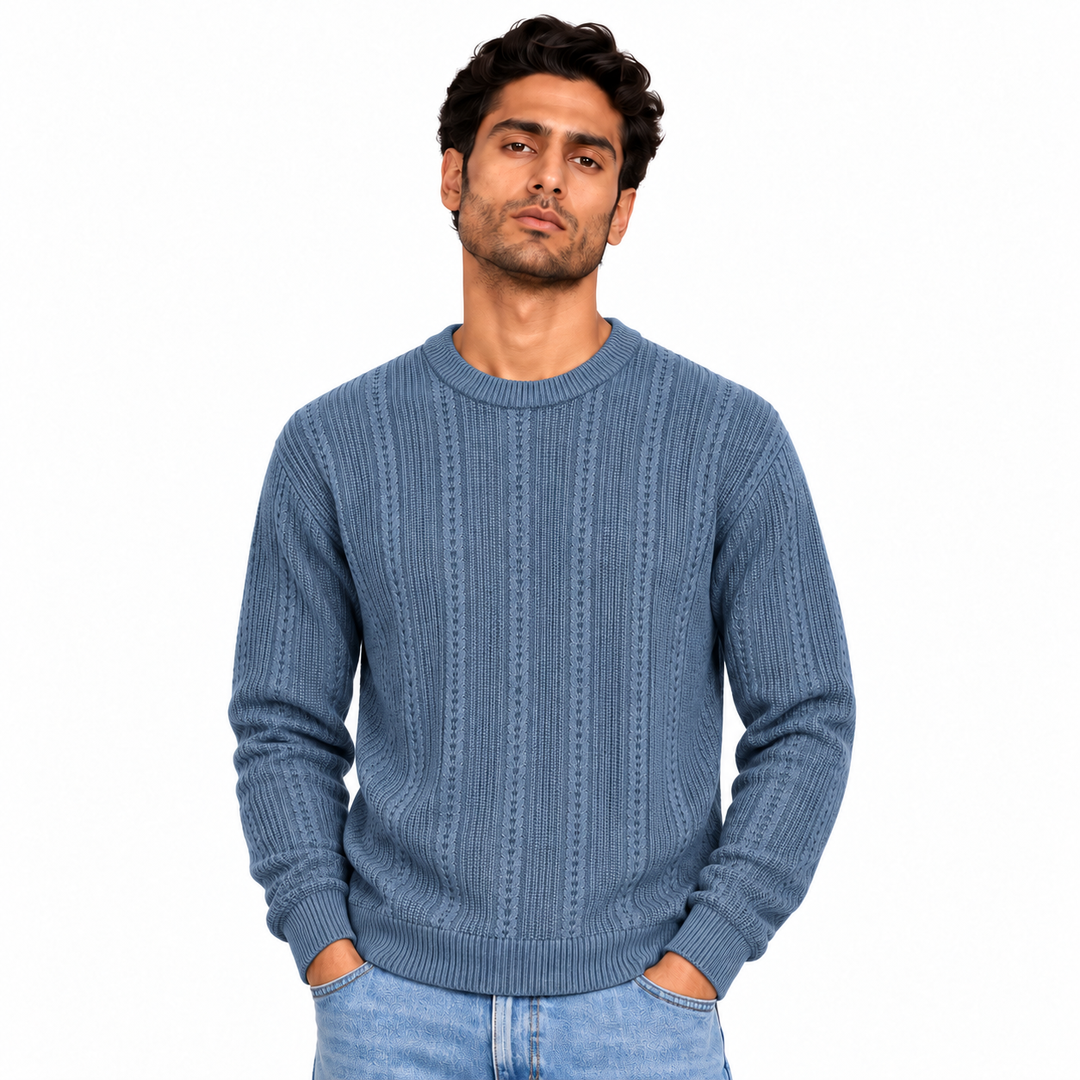Man wearing Textured Crew Neck Knit Pullover in Denim Blue - model photo