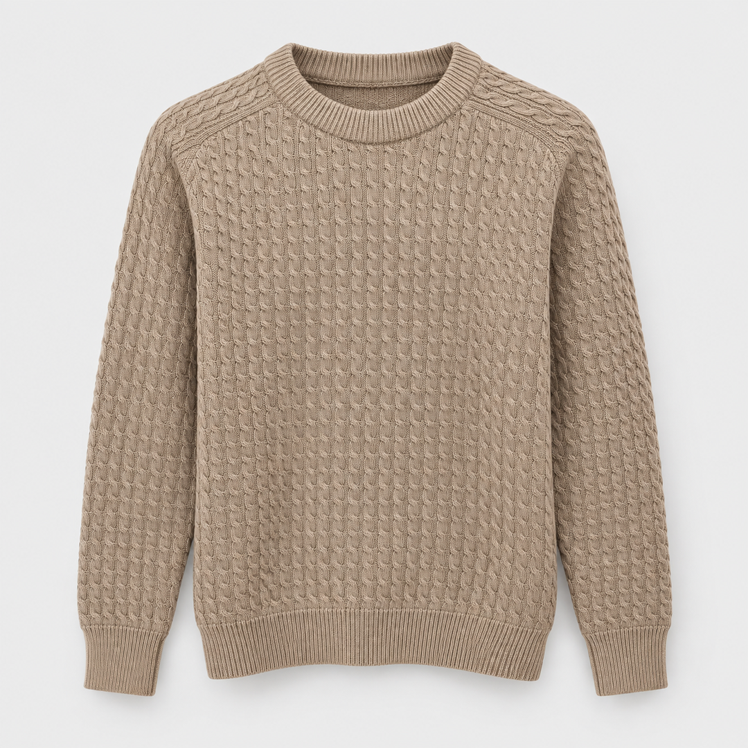 Men Cable Knit Crew Neck Pullover in Coffee - flat product view