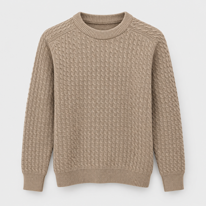 Men Cable Knit Crew Neck Pullover in Coffee - flat product view