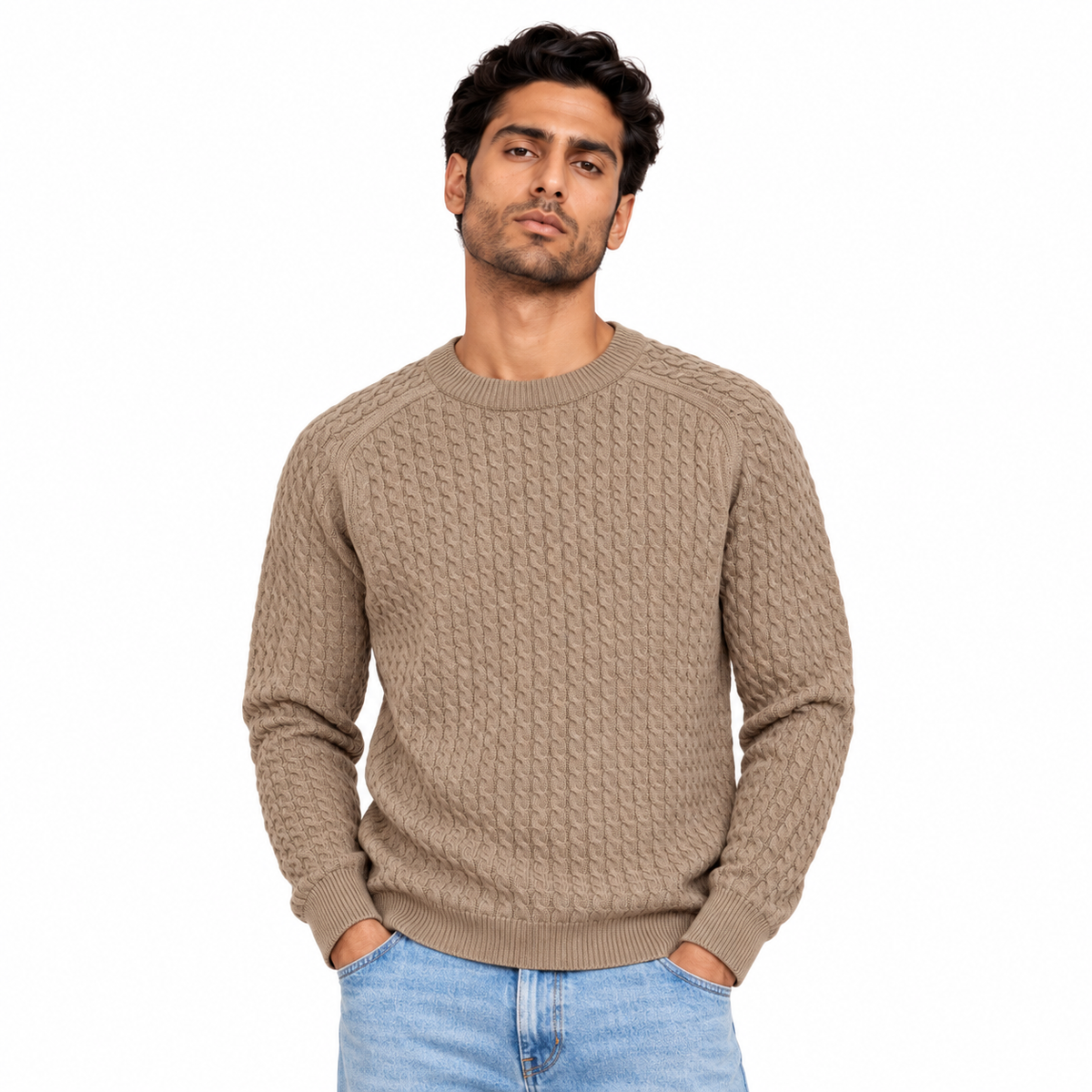 Man wearing Cable Knit Crew Neck Pullover in Coffee - model photo