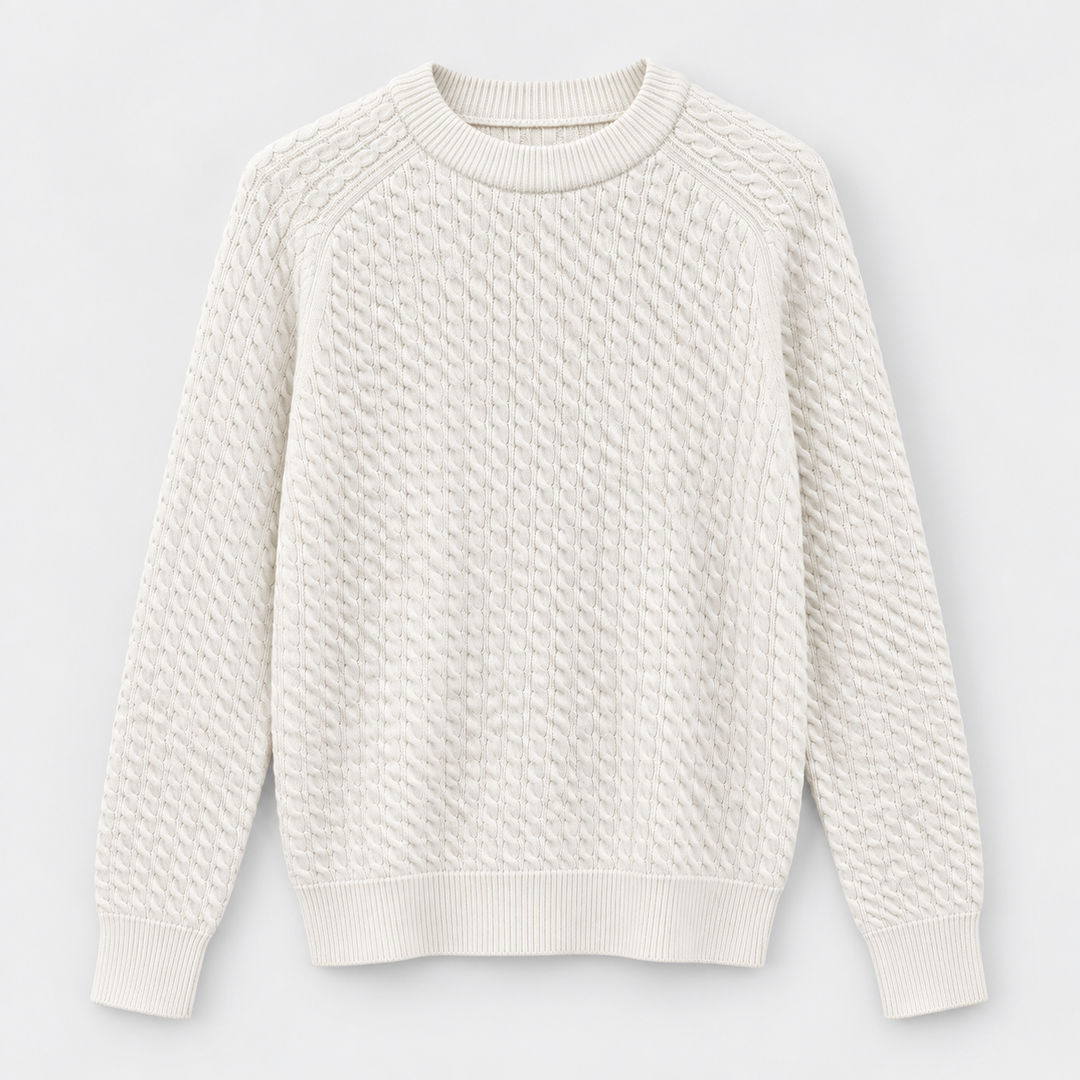 Men Cable Knit Crew Neck Pullover in Cream - flat product view