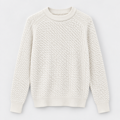 Men Cable Knit Crew Neck Pullover in Cream - flat product view