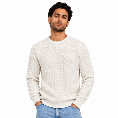 Man wearing Cable Knit Crew Neck Pullover in Cream - model photo