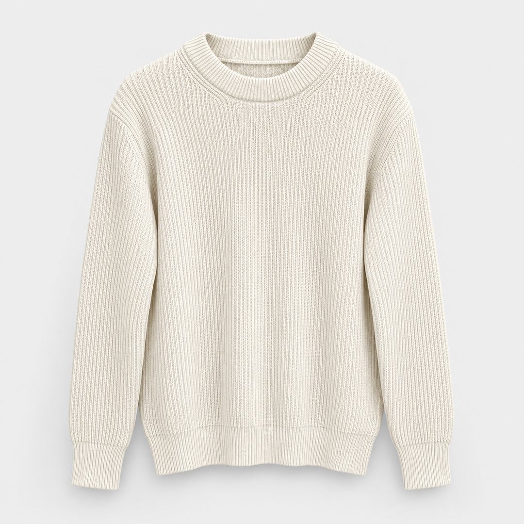 Men Ribbed Crew Neck Knit Pullover in Cream - flat product view
