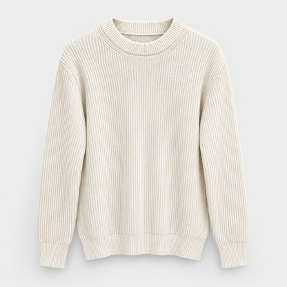Men Ribbed Crew Neck Knit Pullover in Cream - flat product view