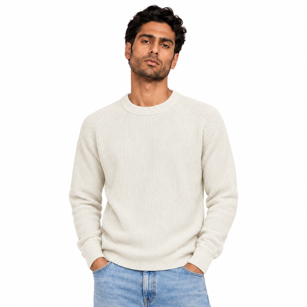 Man wearing Ribbed Crew Neck Knit Pullover in Cream - model photo