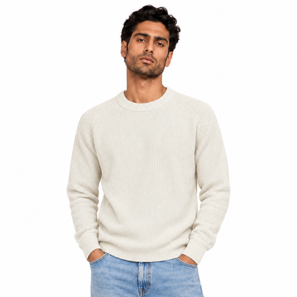 Man wearing Ribbed Crew Neck Knit Pullover in Cream - model photo