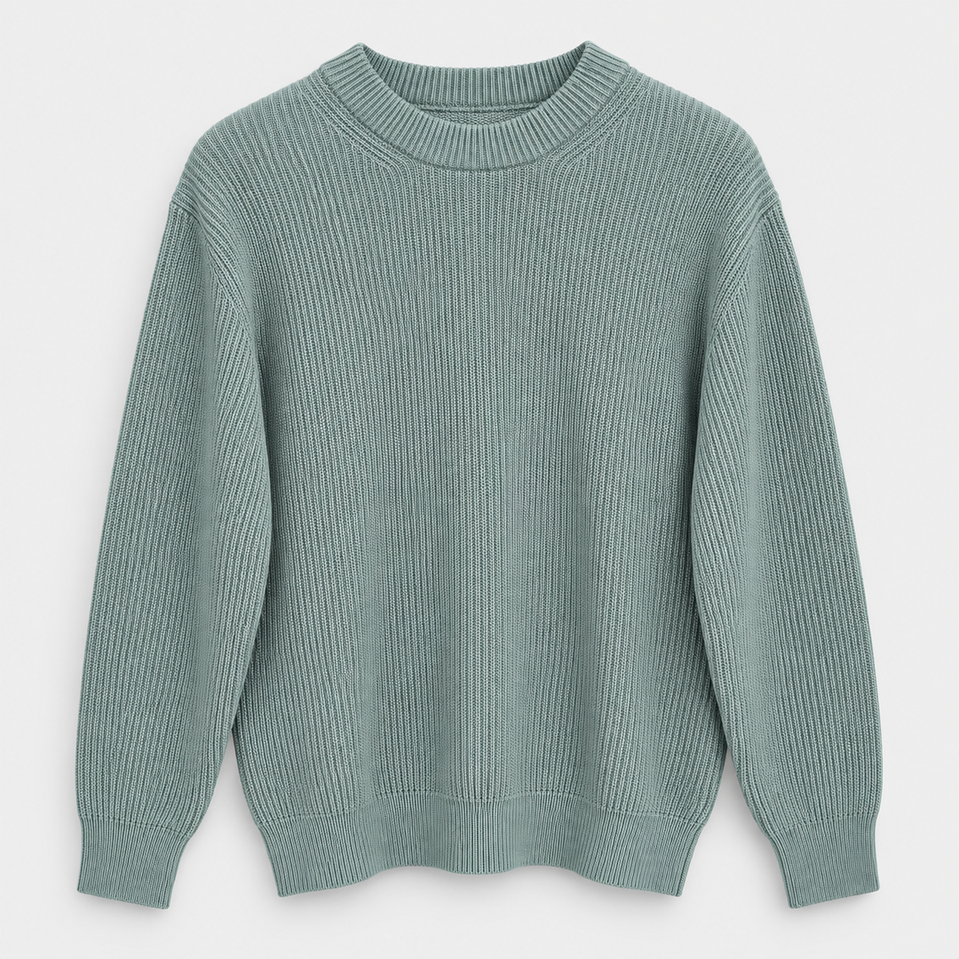 Men Ribbed Crew Neck Knit Pullover in Khaki - flat product view