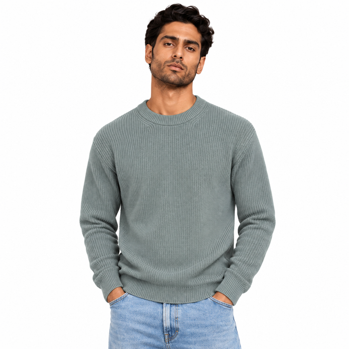 Man wearing Ribbed Crew Neck Knit Pullover in Khaki - model photo
