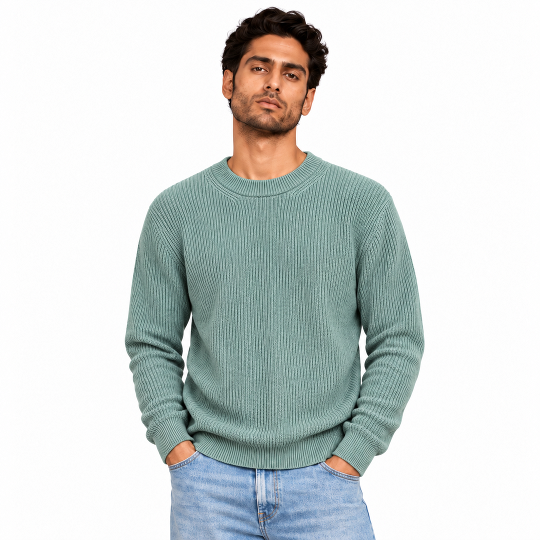 Man wearing Ribbed Crew Neck Knit Pullover in Mint - model photo