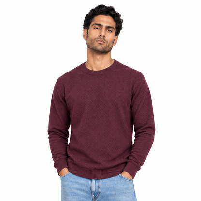 Men's Diamond Textured Crew Neck Pullover in Burgundy on a model