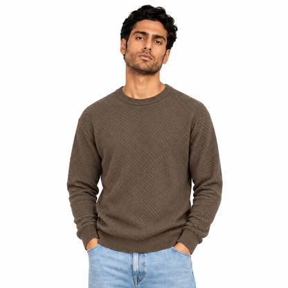 Men's Diamond Textured Crew Neck Pullover in Coffee on a model