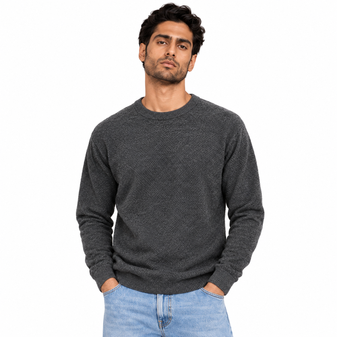 Men's Diamond Textured Crew Neck Pullover on a model