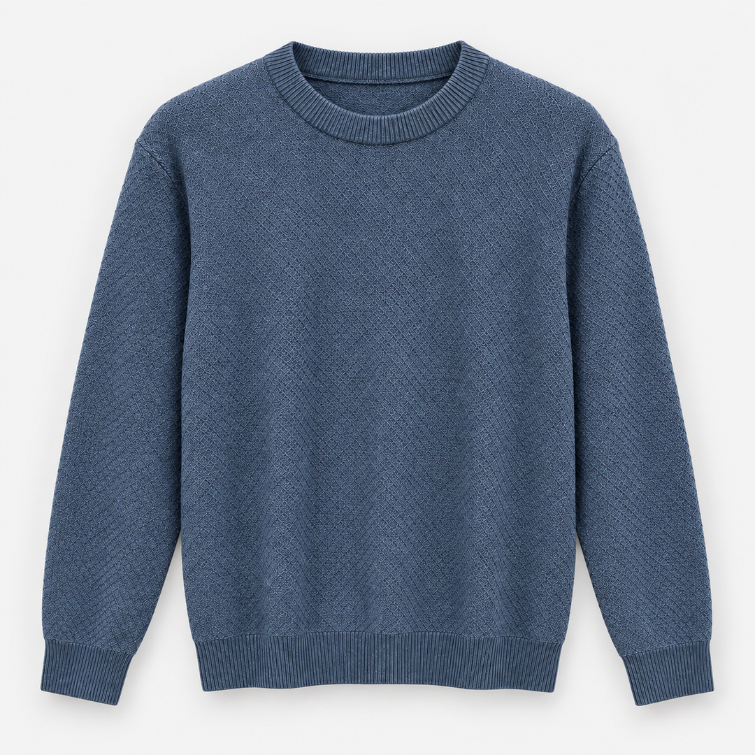 Men's Diamond Textured Crew Neck Pullover in Denim Blue product view