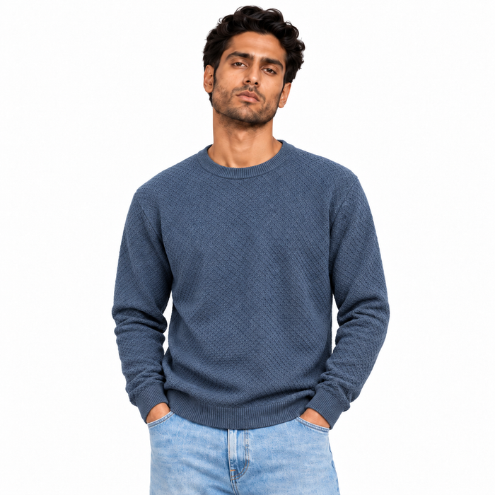 Men's Diamond Textured Crew Neck Pullover in Denim Blue on a model