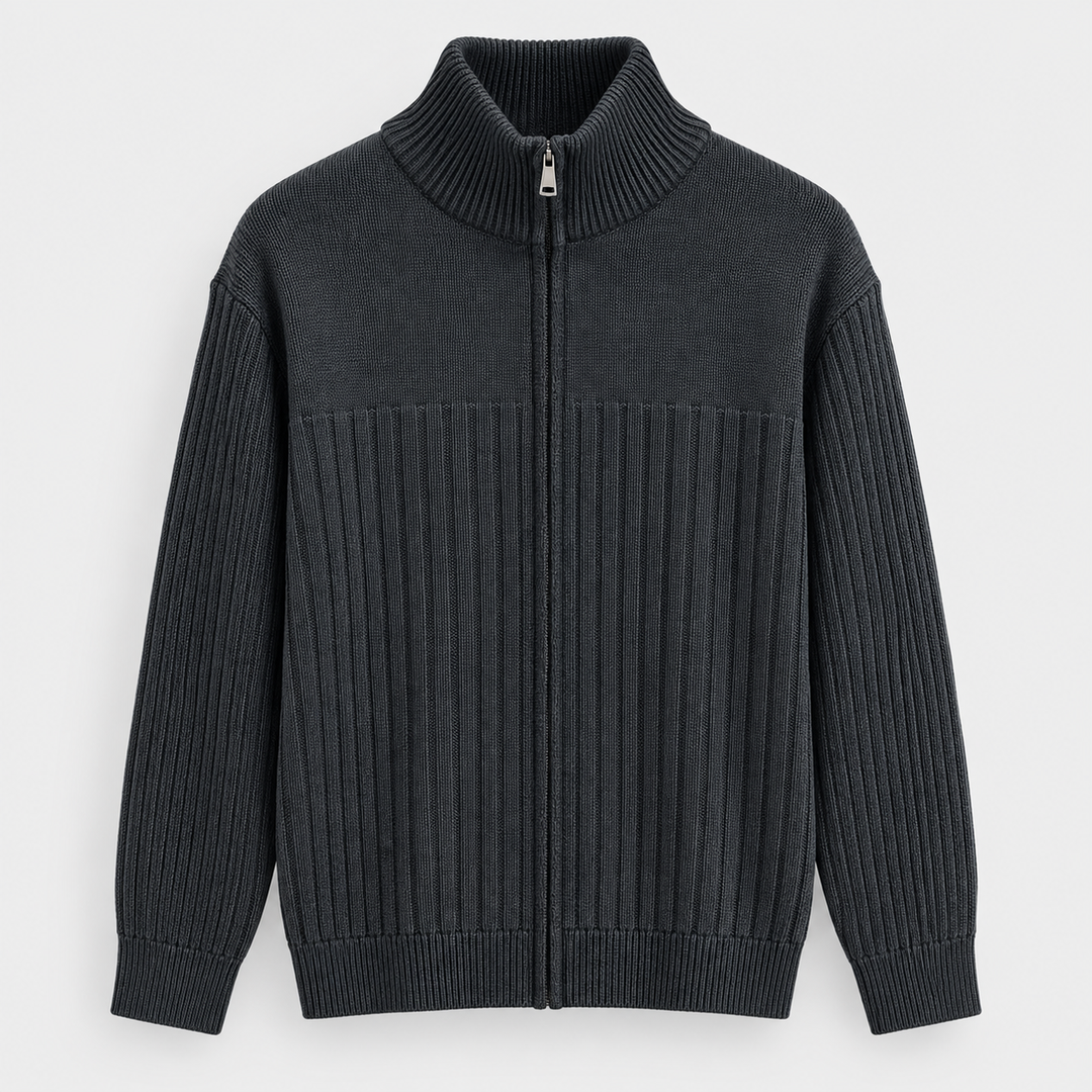 Men Full Zip Knit Jacket in Black - flat product view