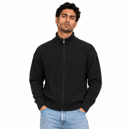 Man wearing Full Zip Knit Jacket in Black - model photo