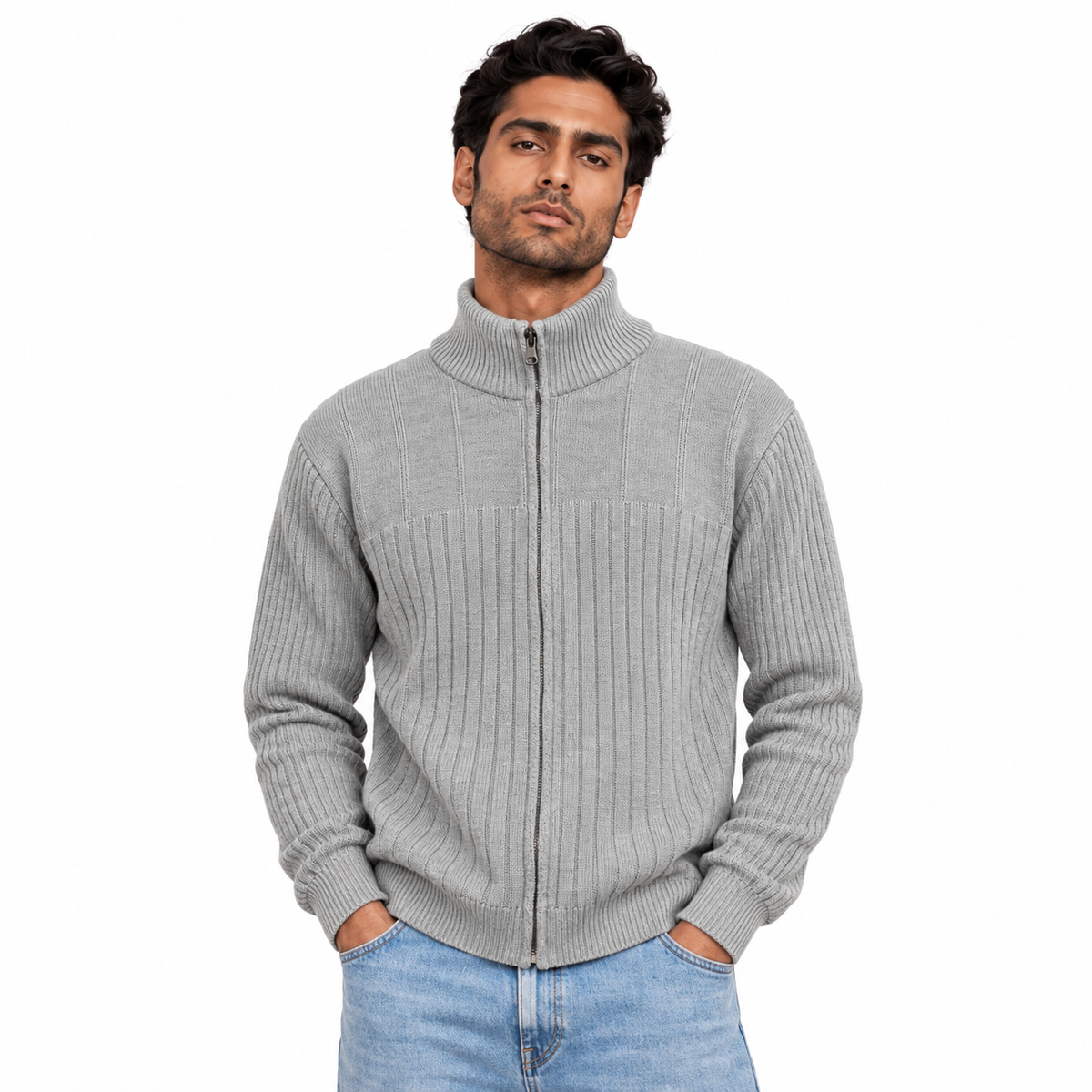 Man wearing Full Zip Knit Jacket in Light Gray - model photo