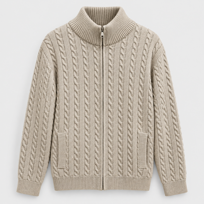 Men Textured Full Zip Knit Jacket in Coffee - flat product view