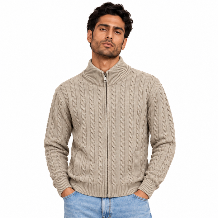Man wearing Textured Full Zip Knit Jacket in Coffee - model photo
