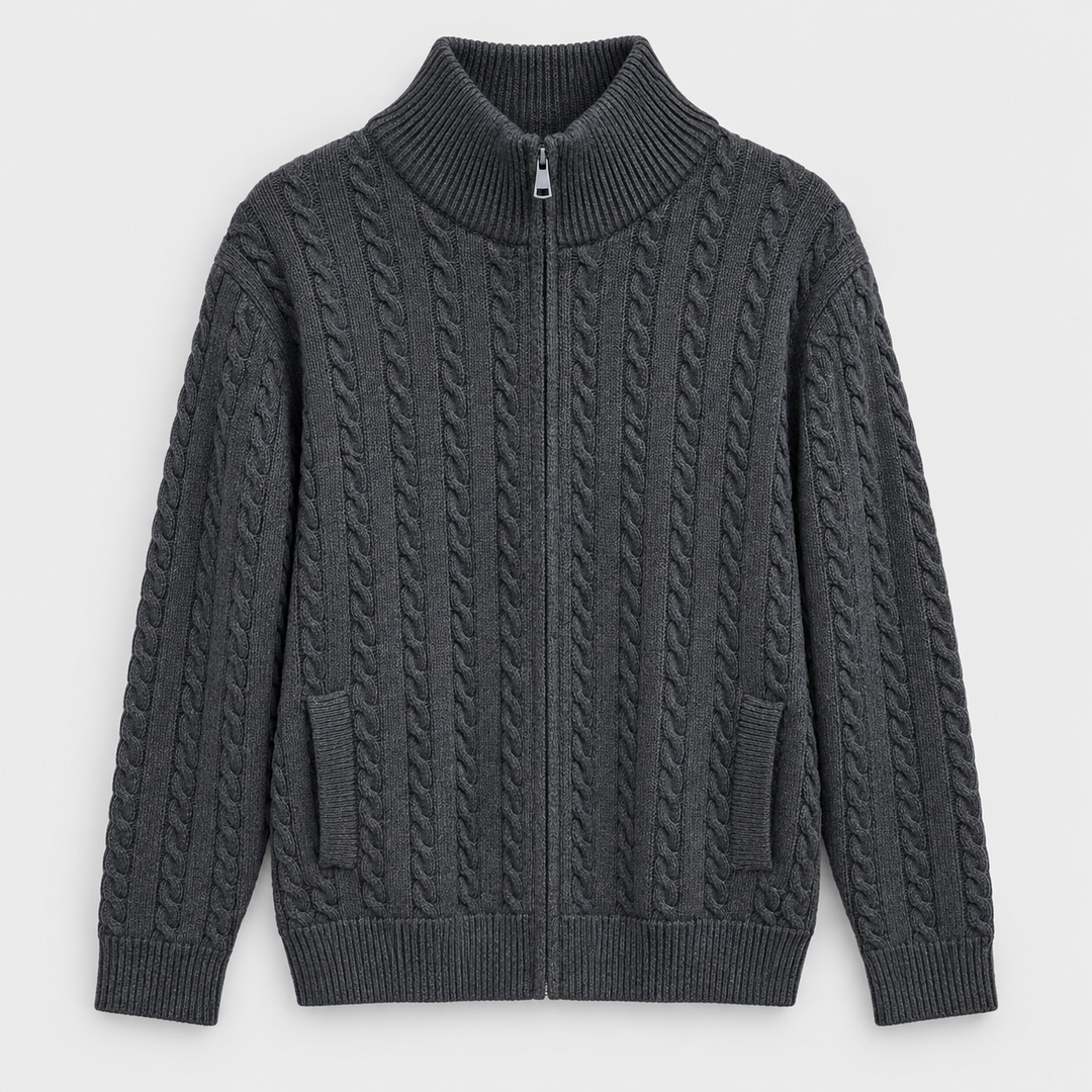 Men Textured Full Zip Knit Jacket in Dark Gray Melange - flat product view