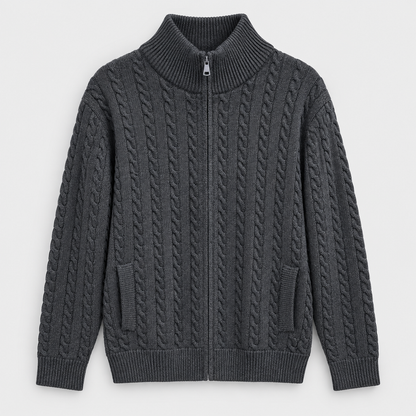 Men Textured Full Zip Knit Jacket in Dark Gray Melange - flat product view