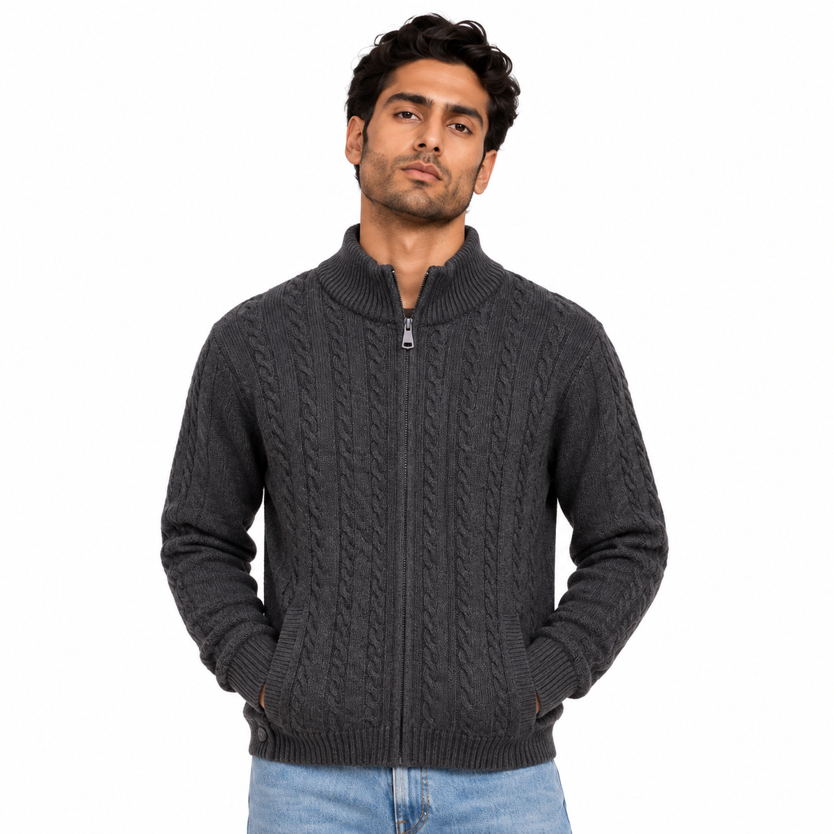 Man wearing Textured Full Zip Knit Jacket in Dark Gray Melange - model photo