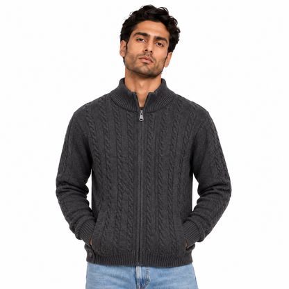 Man wearing Textured Full Zip Knit Jacket in Dark Gray Melange - model photo