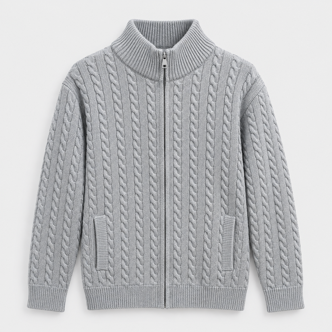 Men Textured Full Zip Knit Jacket in Gray Melange - flat product view