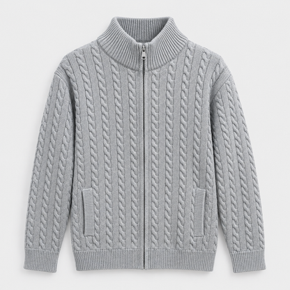 Men Textured Full Zip Knit Jacket in Gray Melange - flat product view