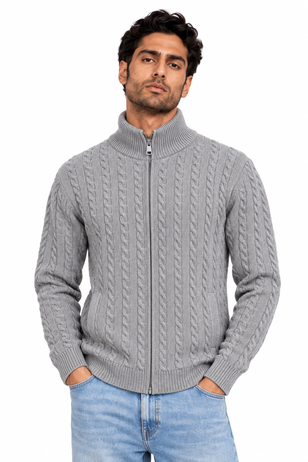 Man wearing Textured Full Zip Knit Jacket in Gray Melange - model photo